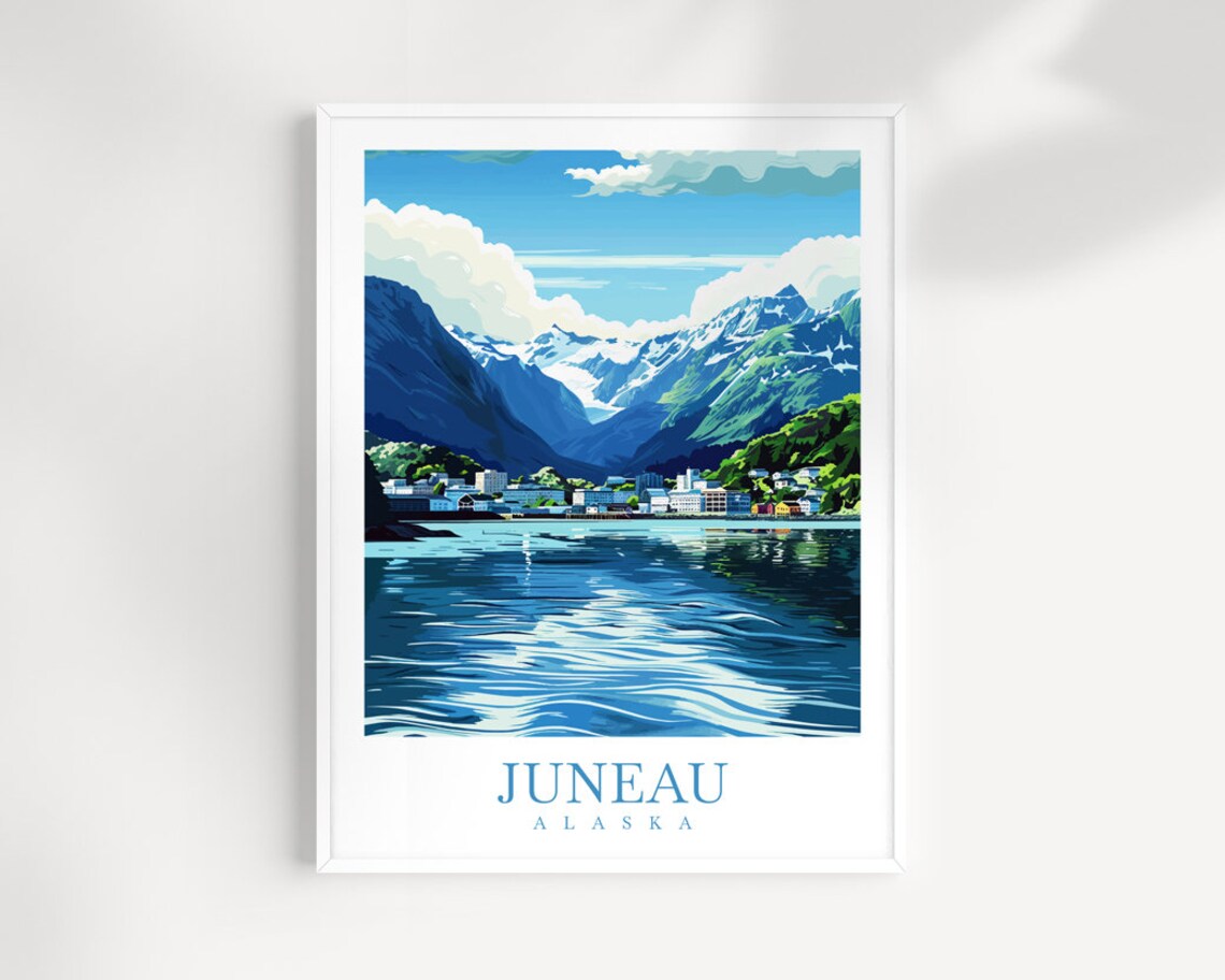 Juneau Alaska Waterfront Town Snowy Mountain Peaks View Poster