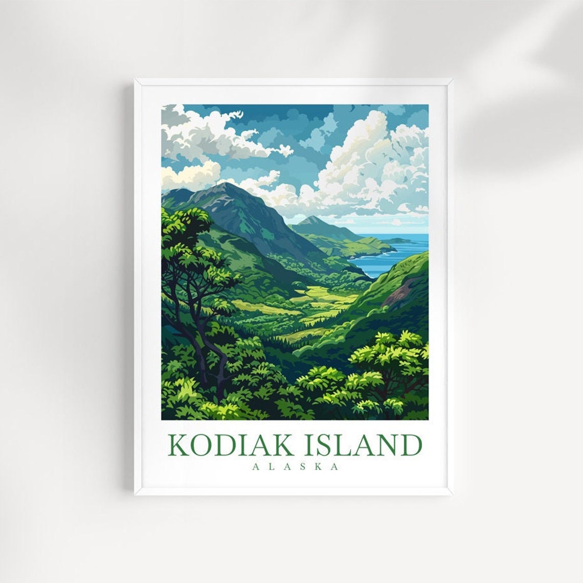 Kodiak Island Alaska Lush Green Mountains Coastal View Poster