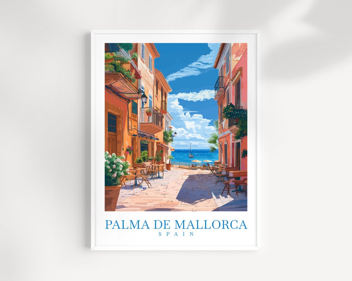 Palma De Mallorca Spain Old Street Cafes Seaside Travel Poster