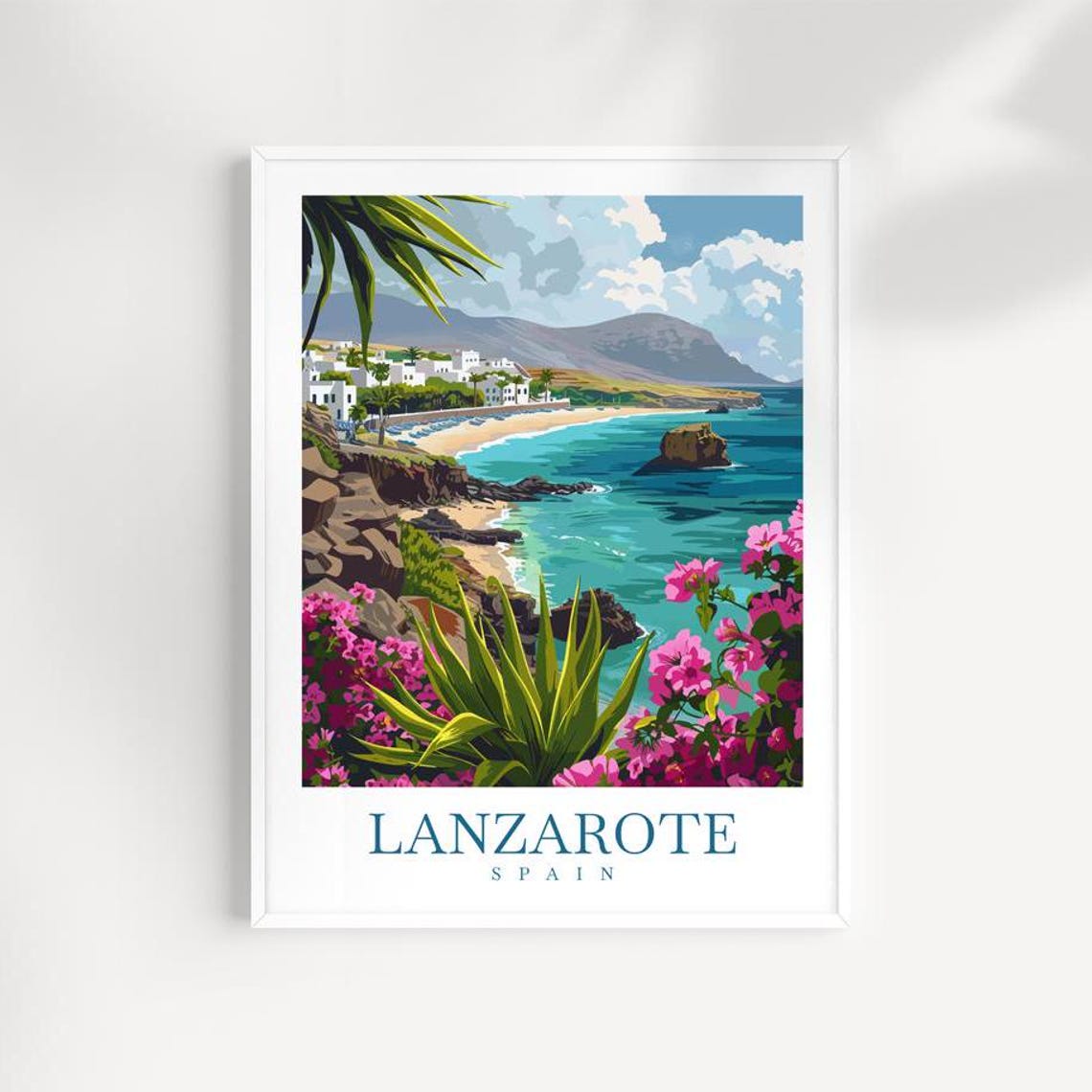 Lanzarote Spain Coastal Bay Whitewashed Village Flowers Travel Poster