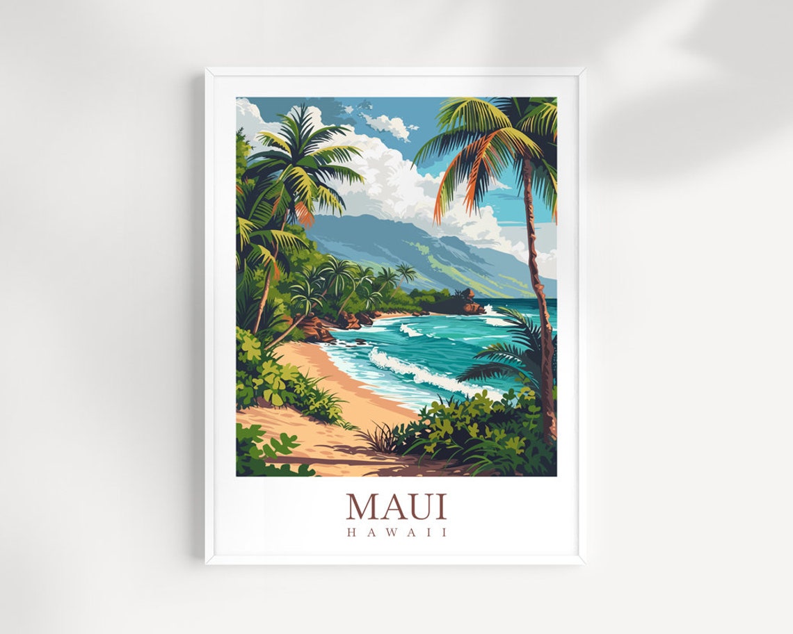 Maui Hawaii Tropical Island Beach Lagoon Palm Vista Scene Poster