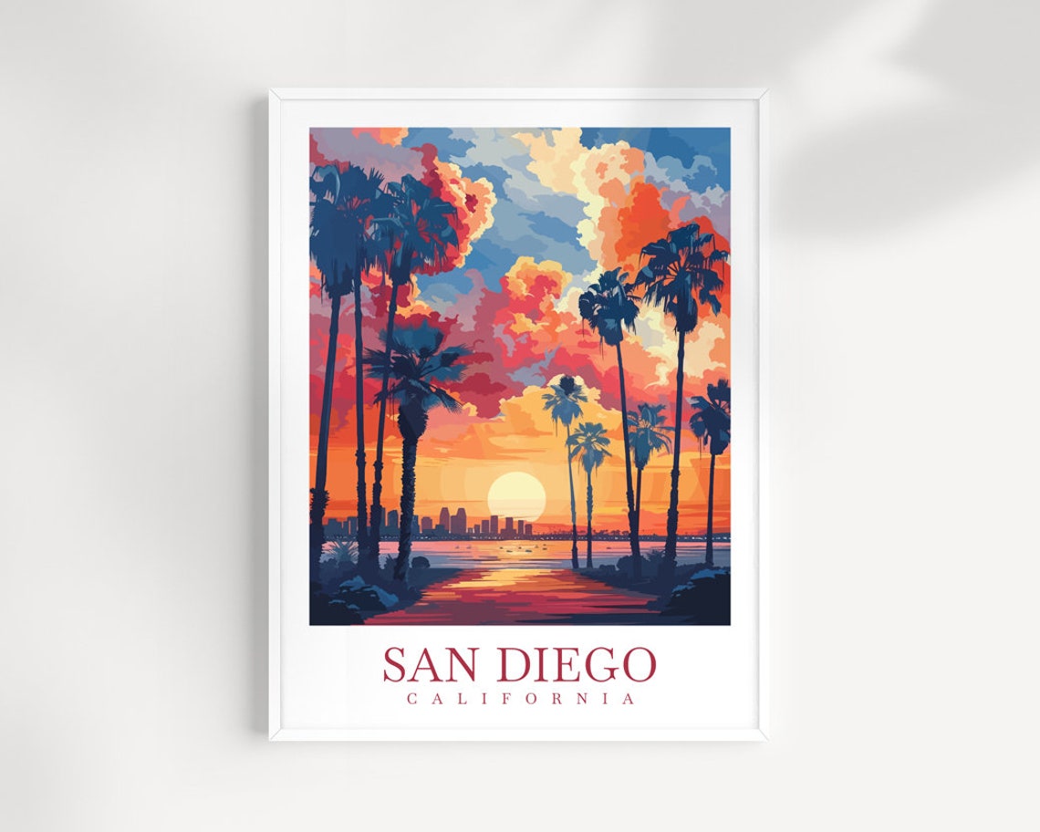 San Diego California Palm Tree Beach Fiery Sunset Travel Poster