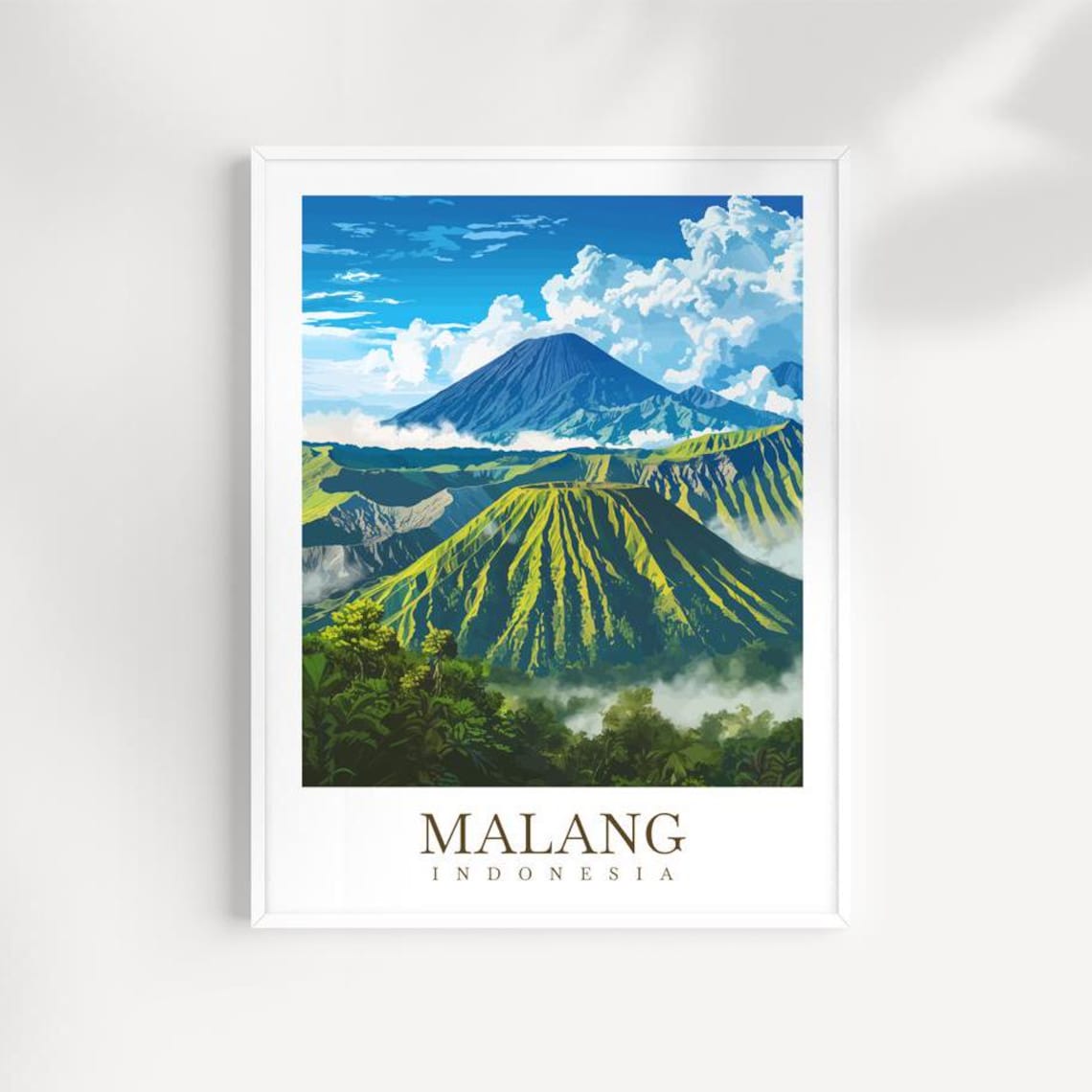 Malang Indonesia Volcano Peaks Lush Green Vintage Travel Poster