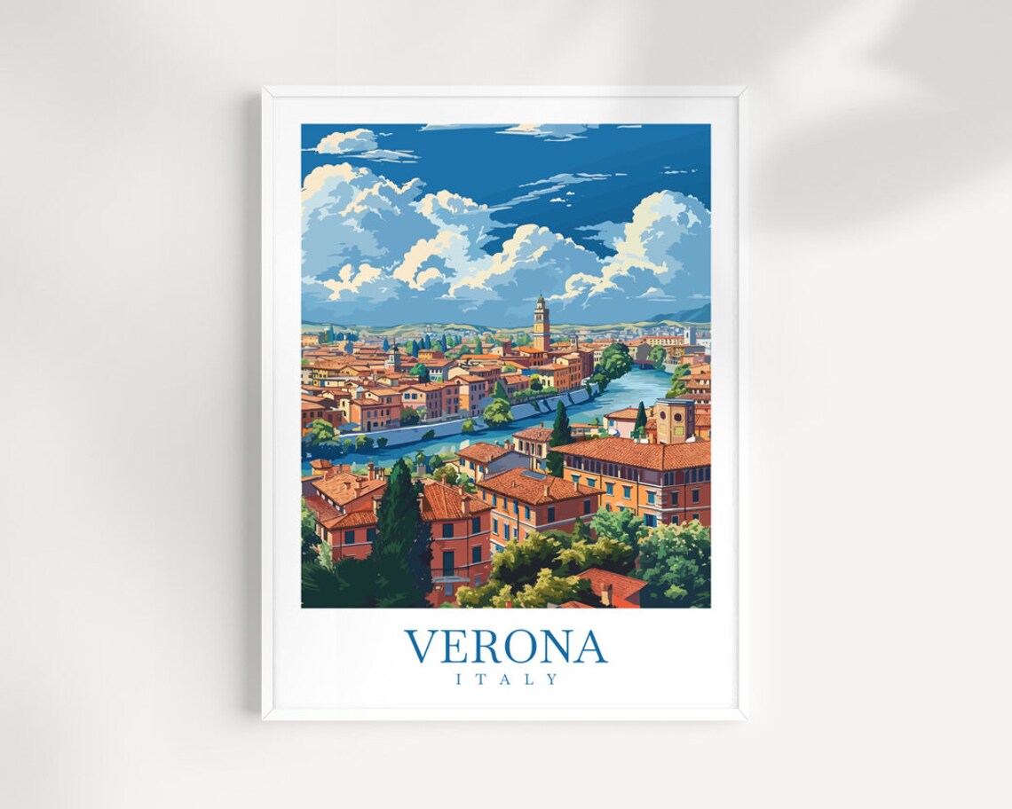 Vintage Verona Italy City Panorama River Bell Tower Travel Poster