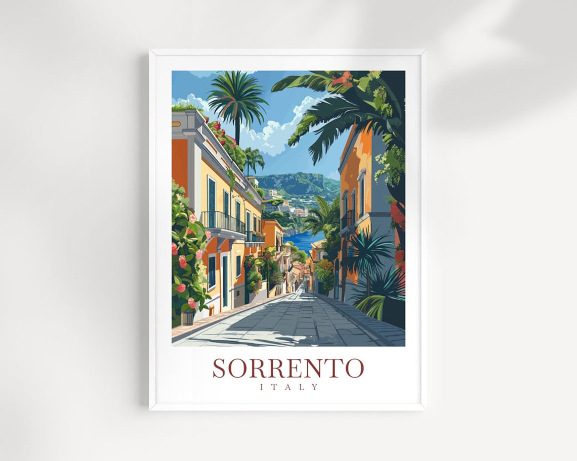 Sorrento Italy Old Town Street Palms Sea View Vintage Travel Poster