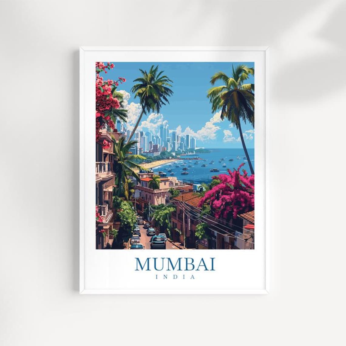 Mumbai India Palm Trees Coastal City Harbour Boats Travel Poster