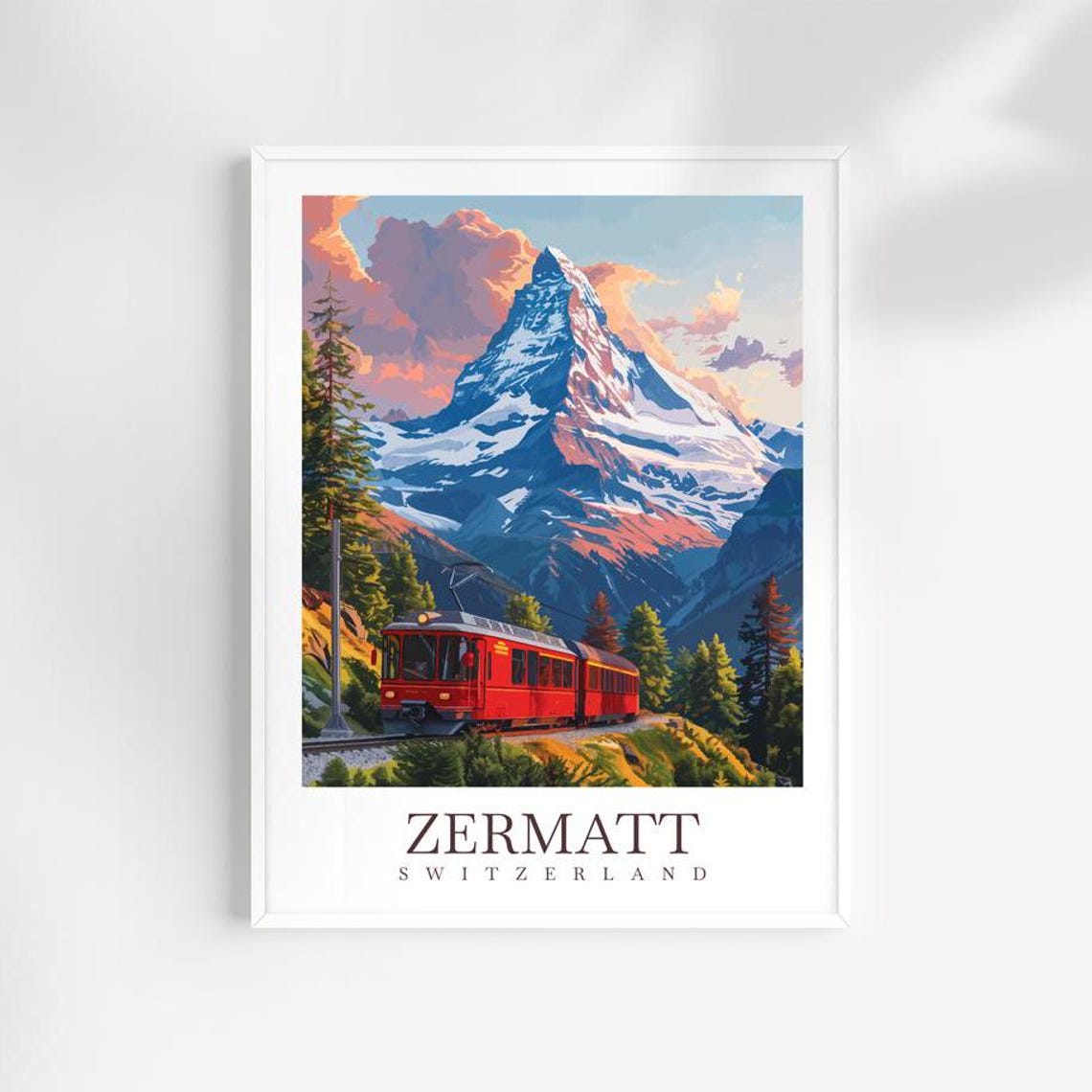 Zermatt Switzerland Matterhorn Red Train Illustration Poster
