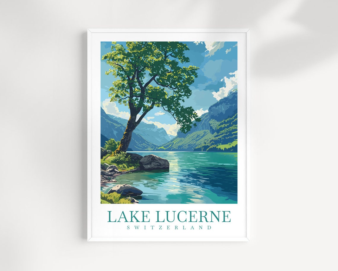 Lake Lucerne Switzerland Lakeside Tree Alpine Mountain View Poster