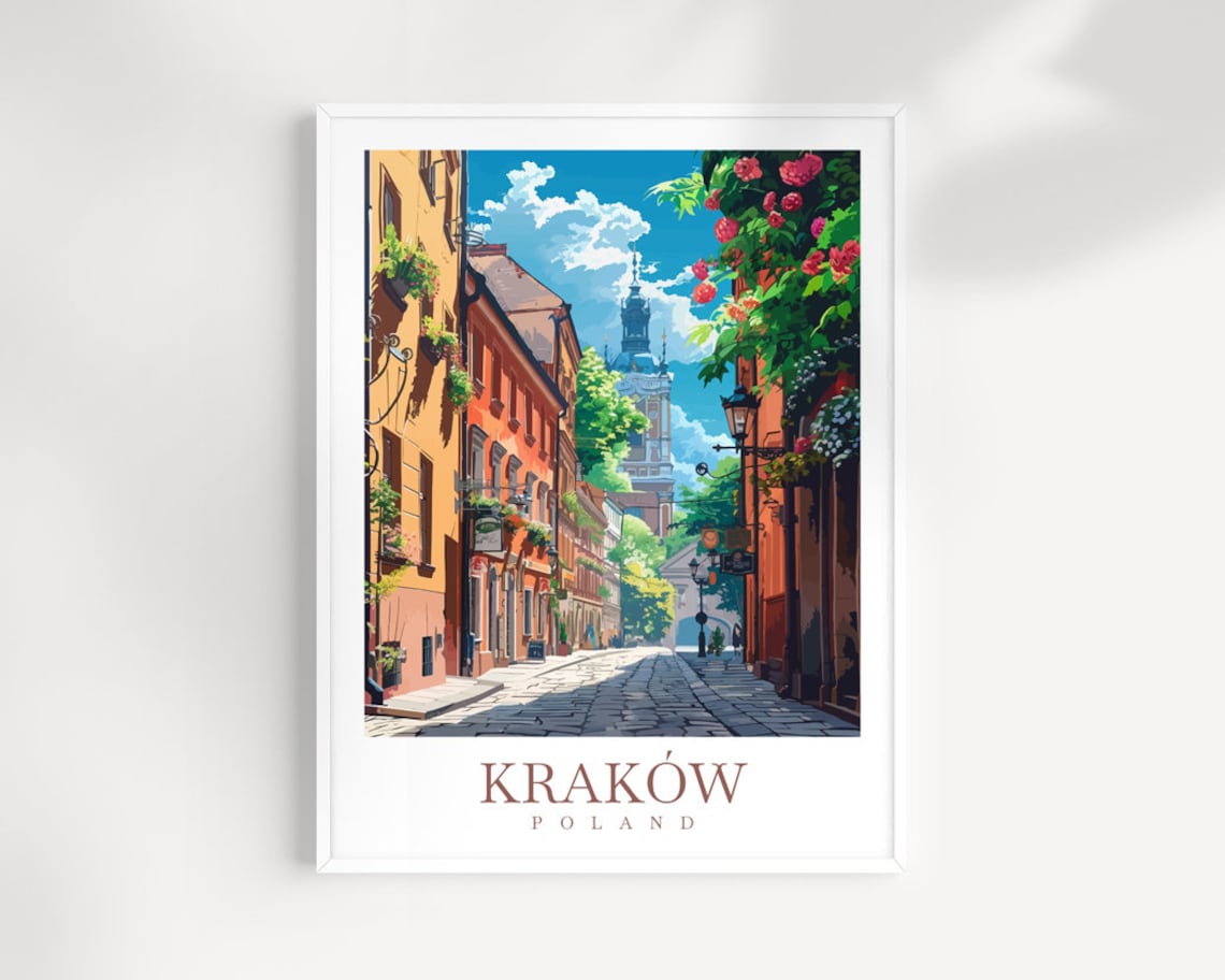 Krakow Poland Old Town Cobblestone Street European Travel Poster