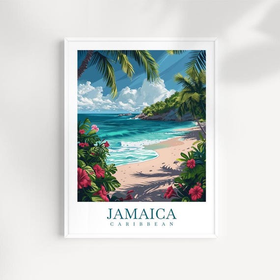 Jamaica Beach Print Caribbean Travel Poster Tropical Wall Art