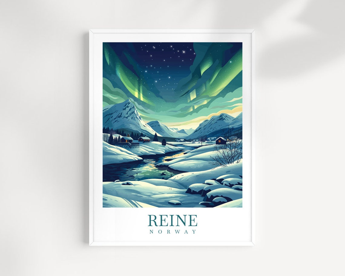 Reine Norway Northern Lights Aurora Over Snowy Village Poster