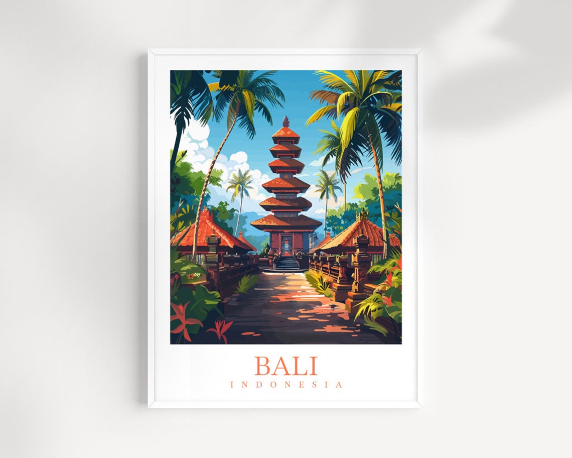 Bali Indonesia Temple Gate Palm Path Tropical Sunrise Travel Poster
