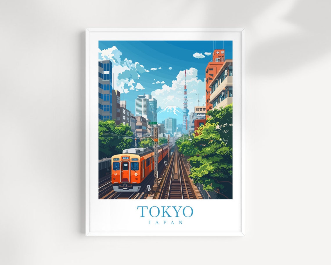 Tokyo Orange Train With Skytree And Mount Fuji Japan Travel Poster