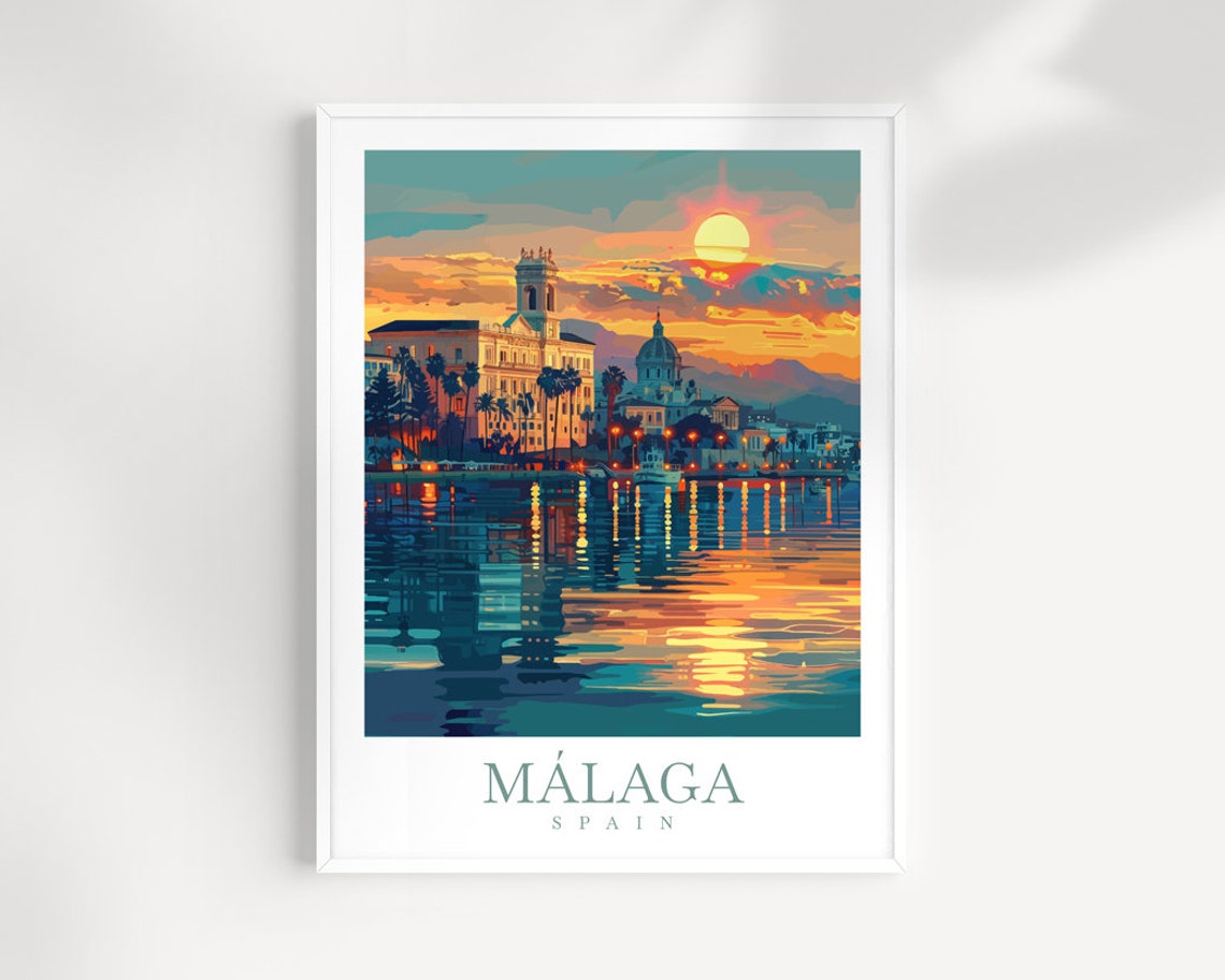 Malaga Harbor At Sunset With Reflections Spain Travel Poster