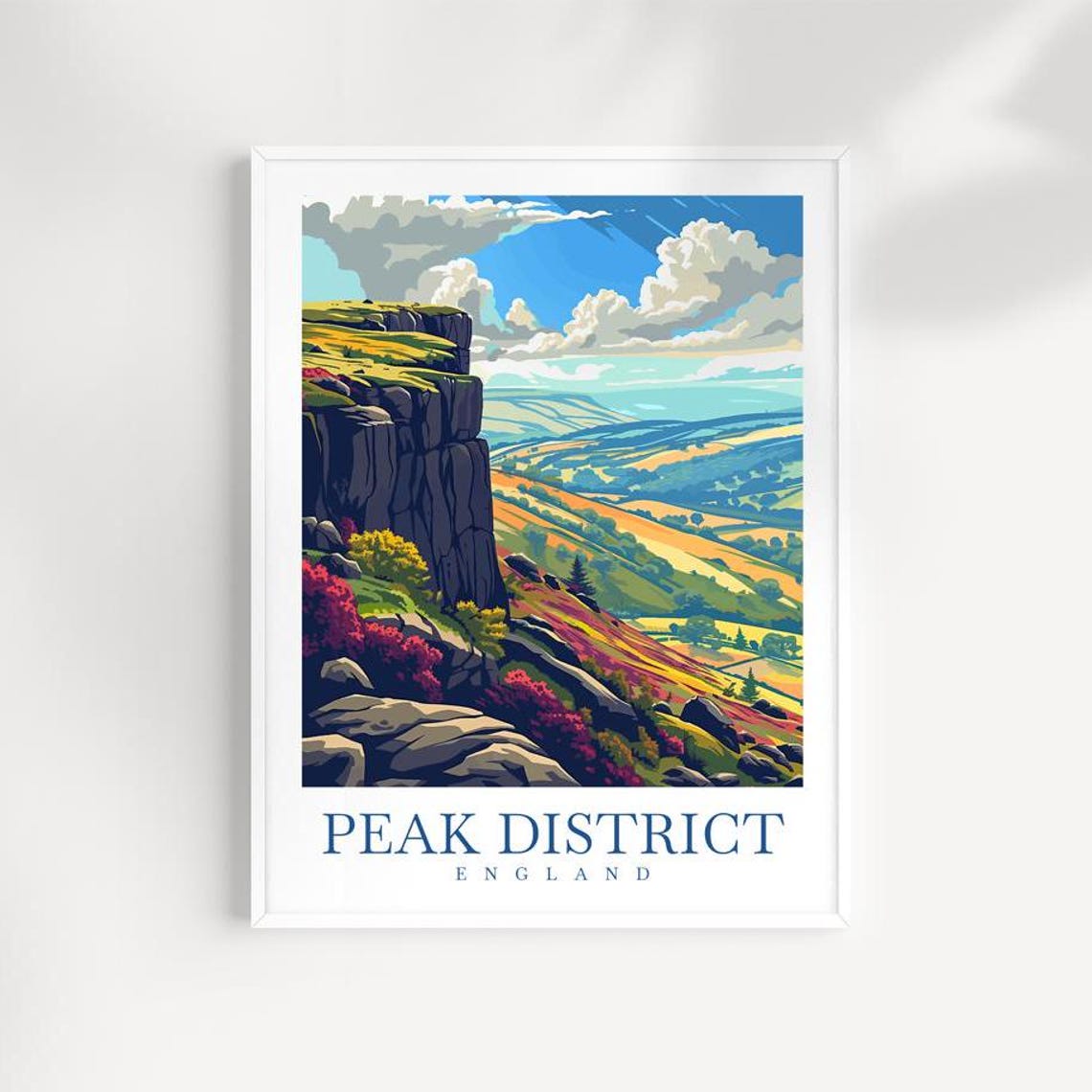 Peak District England Illustrated Cliff Valley Heather Travel Poster