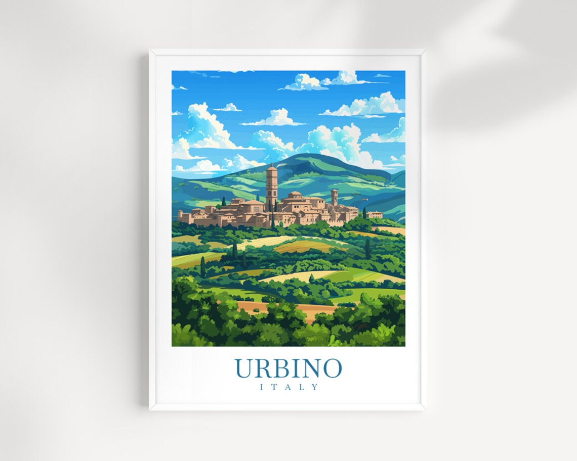 Vintage Urbino Italy Hilltop Walled Town Towers View Travel Poster