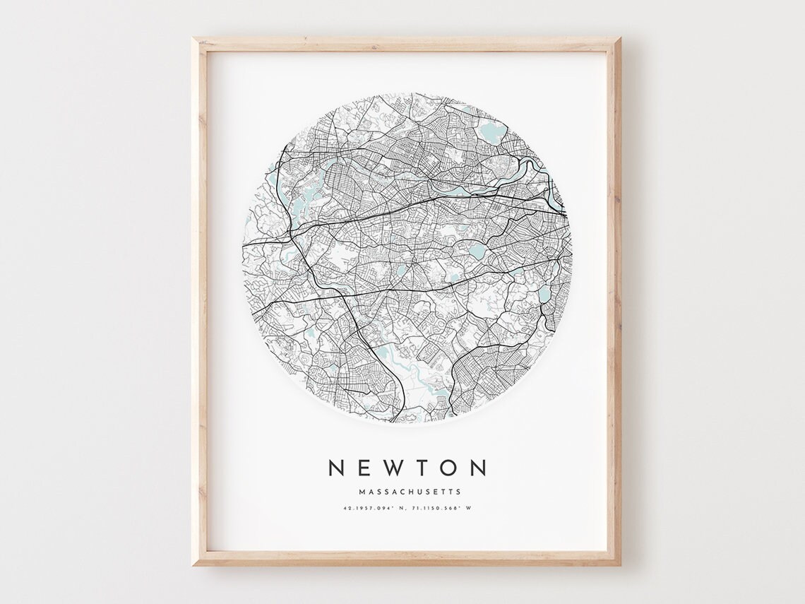 Newton Massachusetts Minimalist Circular City Map Black and White Poster