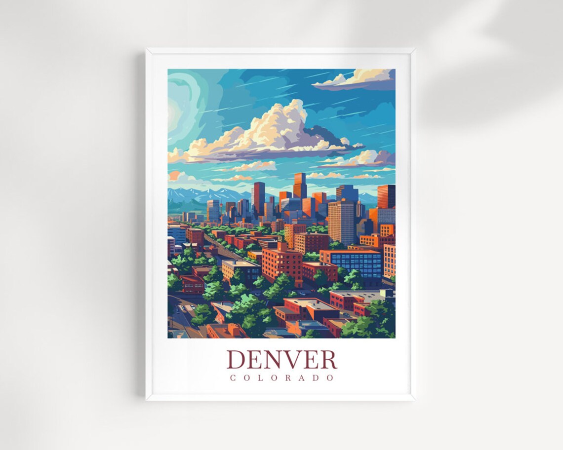 Denver Colorado Downtown Aerial View Rocky Mountains Travel Poster