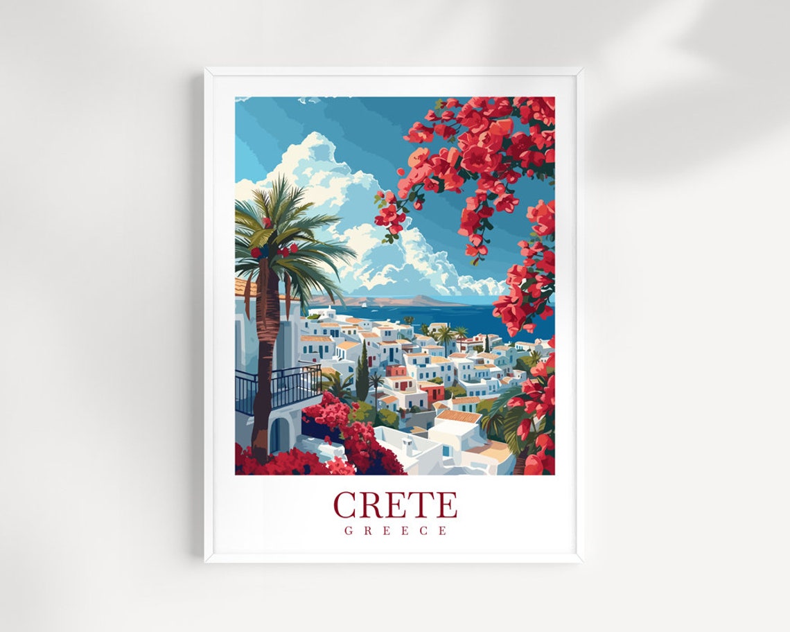 Crete Greece Whitewashed Village Palm Bougainvillea Travel Poster