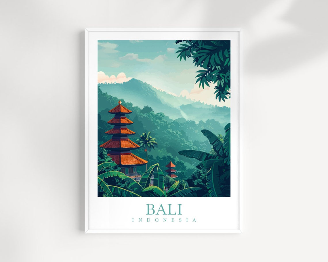 Bali Indonesia Jungle Temple Pagoda Misty Hills Vintage Travel Poster