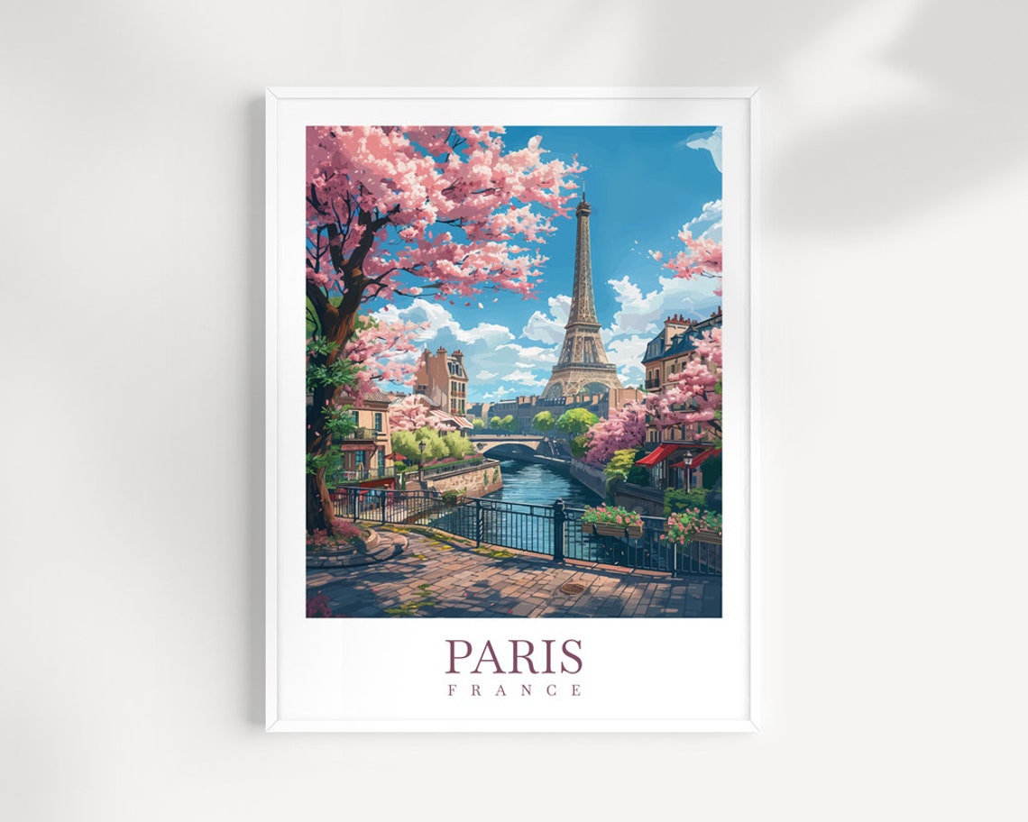 Paris France Eiffel Tower in Spring Cherry Blossom Art Print