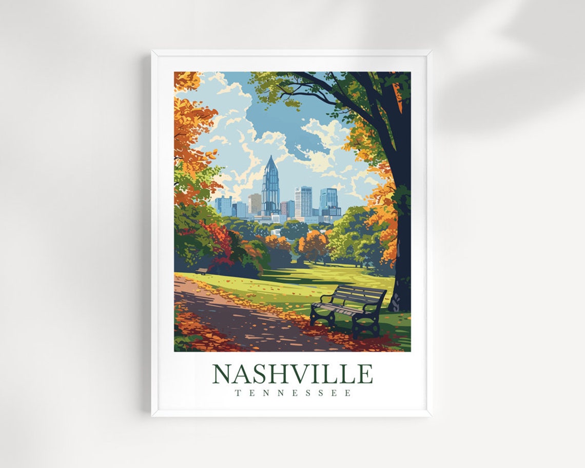 Nashville Tennessee Autumn Park Bench Golden Fall Skyline Poster