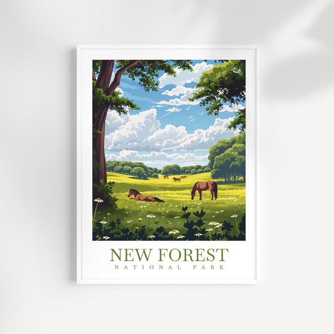 New Forest National Park Wild Horses Meadow Vintage Travel Poster