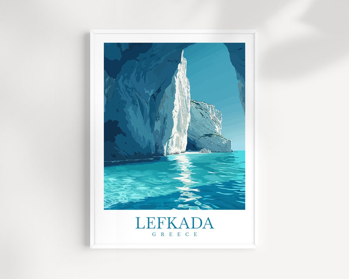 Lefkada Greece White Cliffs Sea Cave Turquoise Water Art Poster