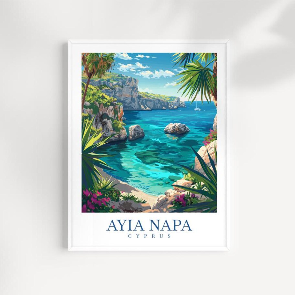 Ayia Napa Cyprus Travel Poster Turquoise Cove Palms Rocky Cliffs Art