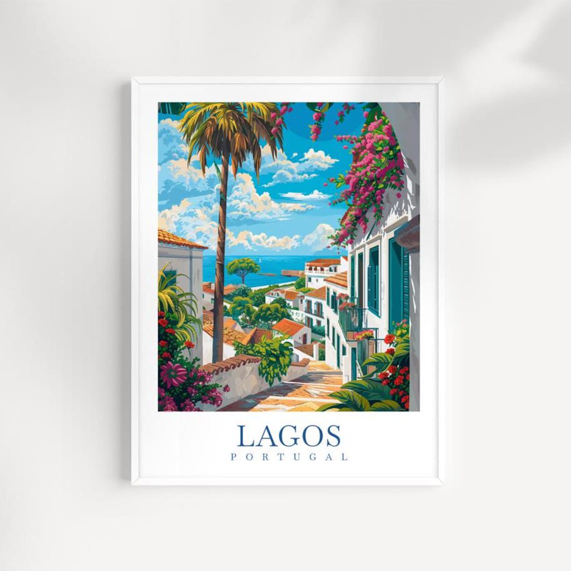 Lagos Portugal Old Town Street With Flowers Illustrated Travel Poster