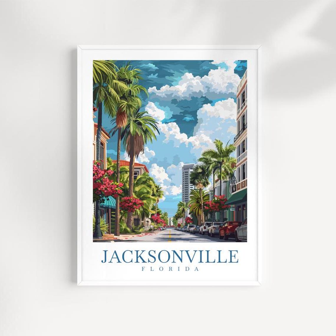 Vintage Jacksonville Florida Downtown Street Palms Travel Poster