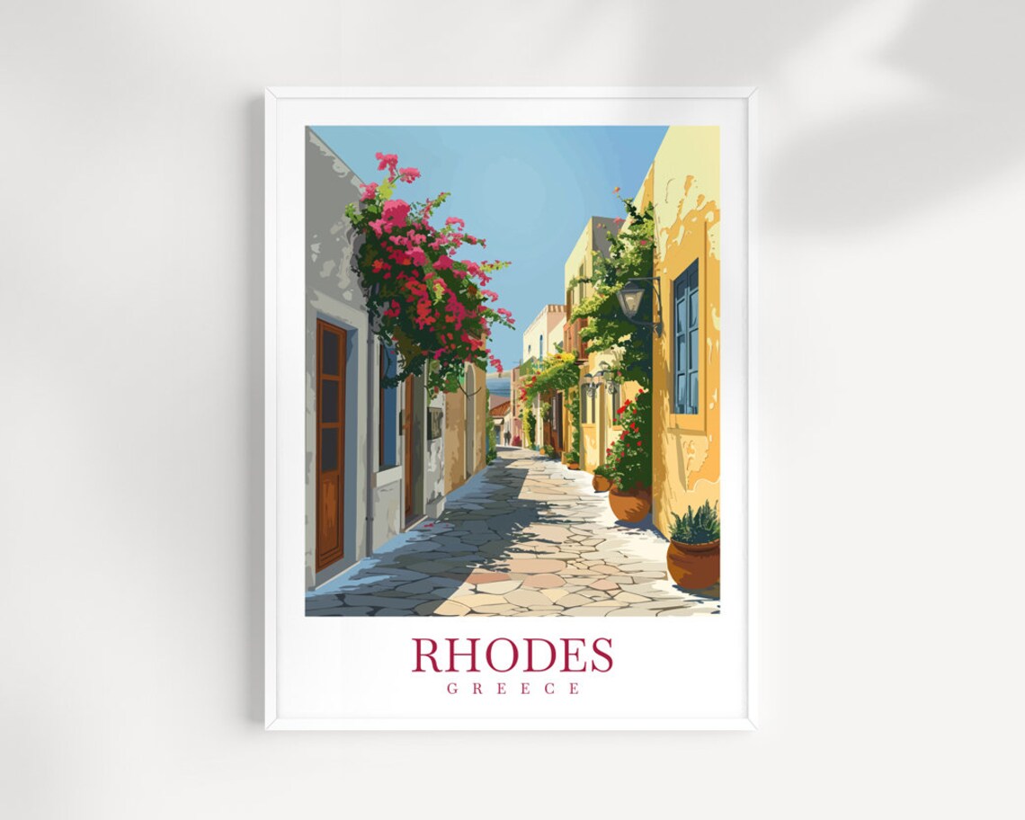 Rhodes Greece Narrow Lane Flowers Sunlit Walls Travel Poster