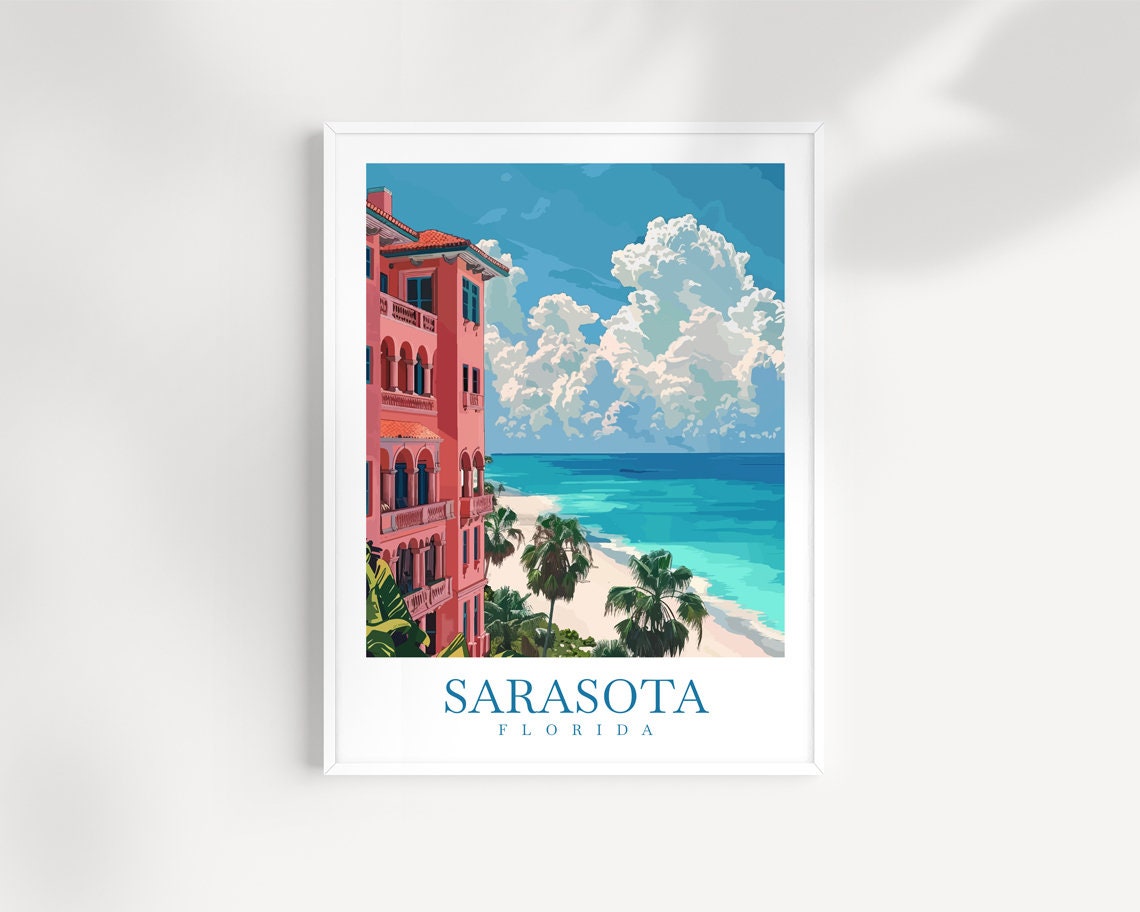Sarasota Florida Pink Seaside Hotel Beach Coast Vintage Poster