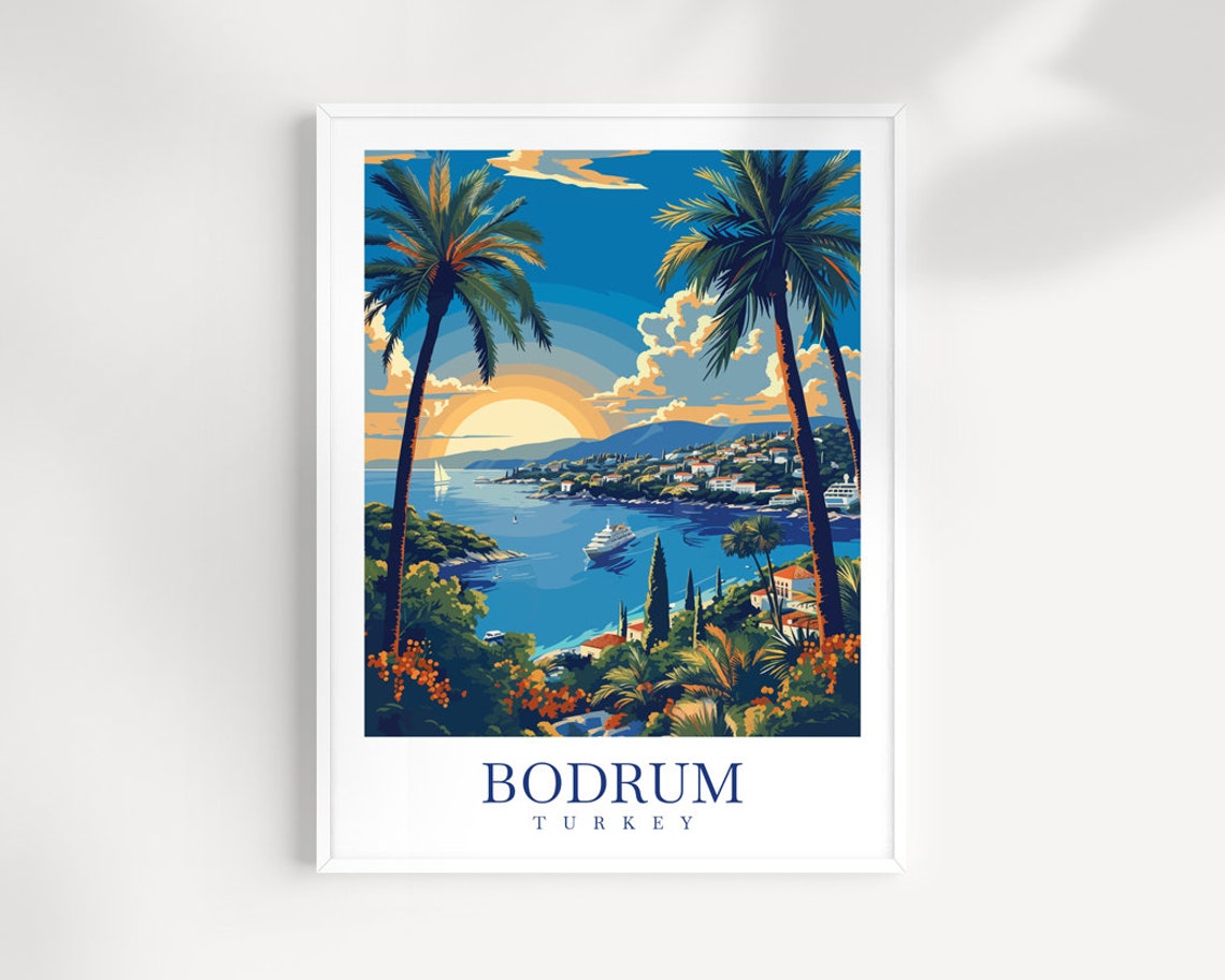 Bodrum Turkey Sunset Bay Yachts Palm Trees Golden Hour Travel Poster