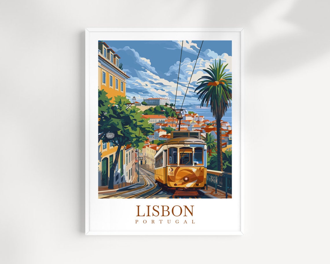 Lisbon Portugal Yellow Tram Climbing a Hill Street Art Print