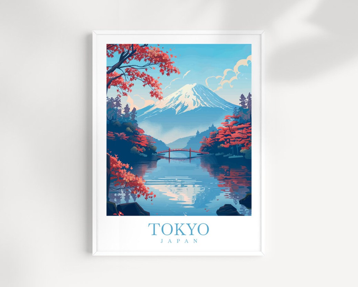 Tokyo Japan Mount Fuji Lake Reflection Red Bridge Autumn Travel Poster