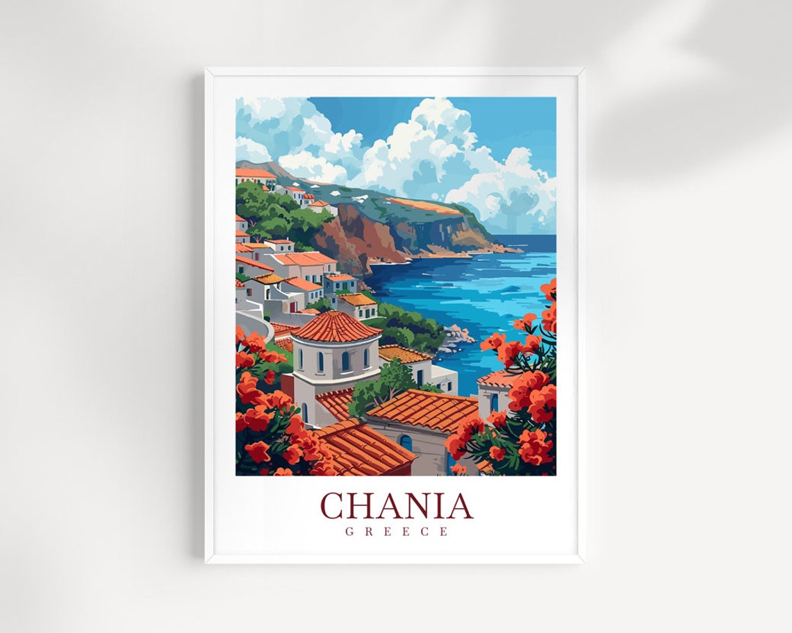 Chania Greece Old Town Coast Bougainvillea Scene Travel Poster