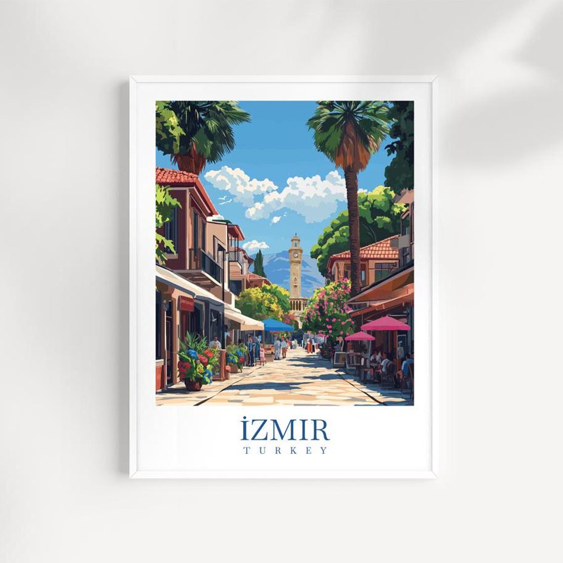 Izmir Turkey Palm Street Clock Tower Vibrant Cityscape Travel Poster