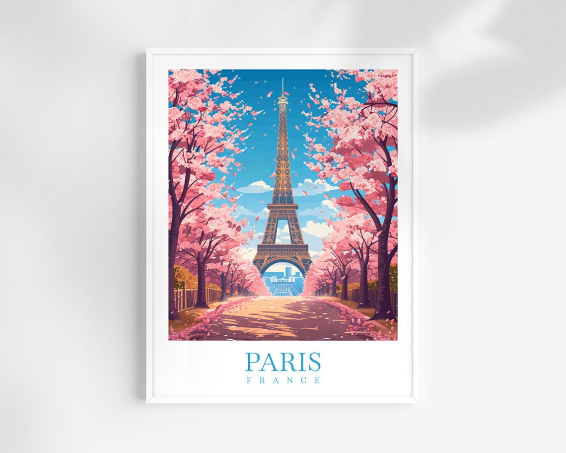 Paris France Eiffel Tower Cherry Blossom Spring Avenue Travel Poster