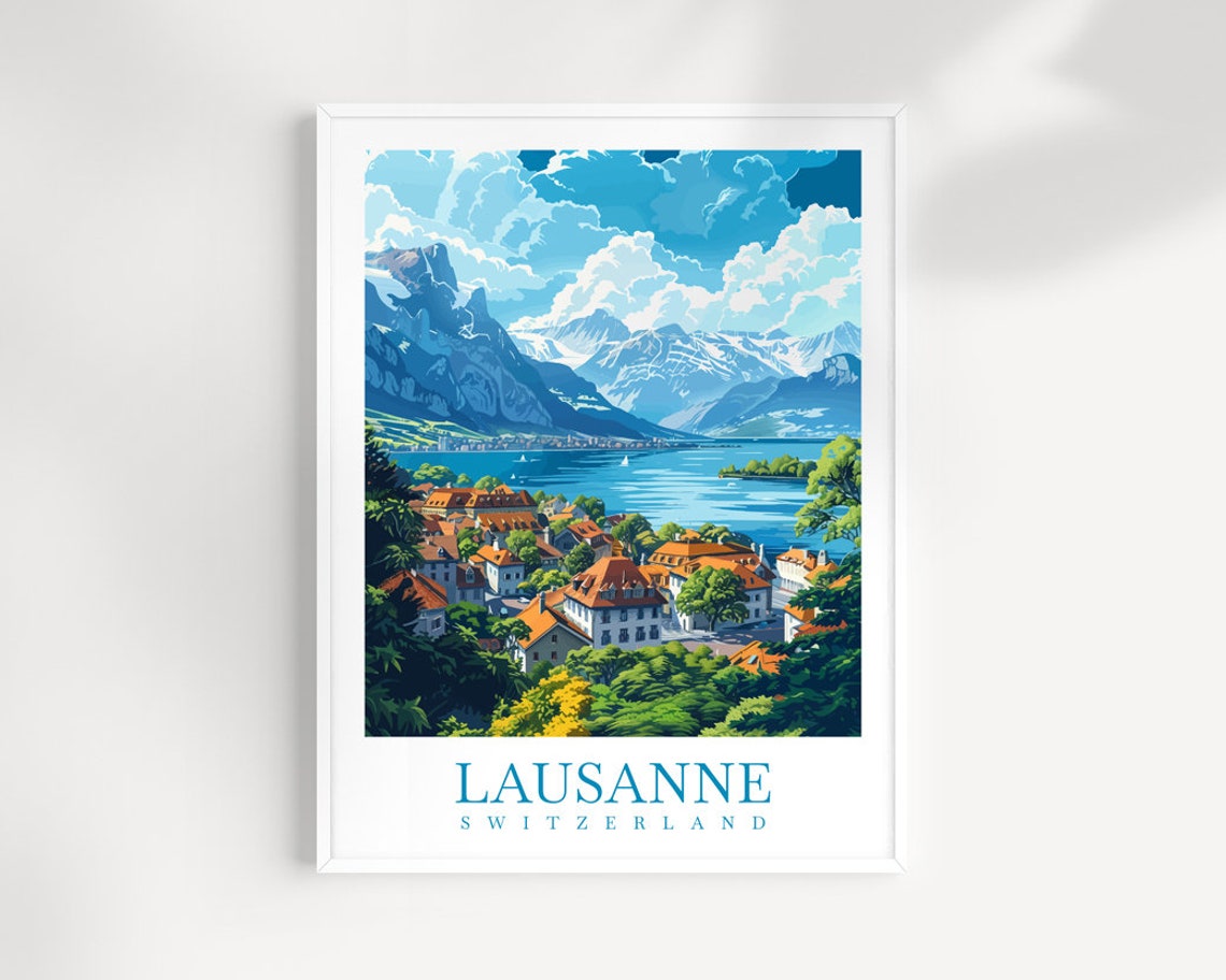 Lausanne Switzerland Lake Geneva Alps Rooftops Vintage Travel Print