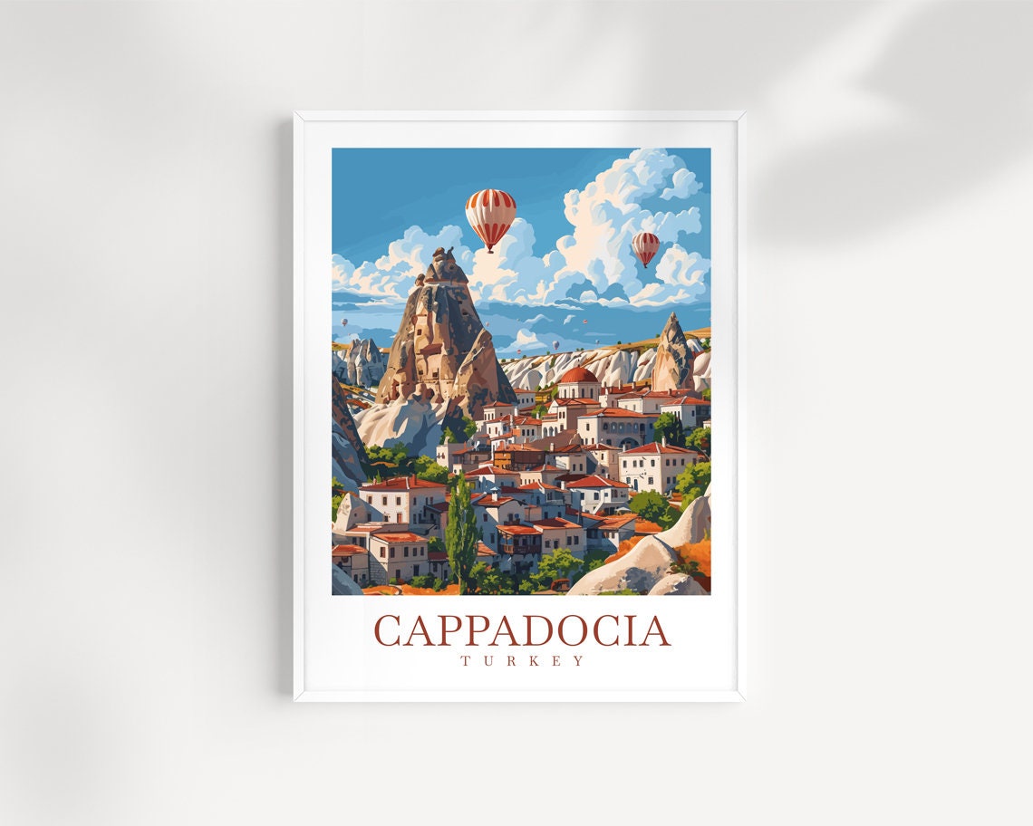 Cappadocia Turkey Rock Town Hot Air Balloons Village Travel Art Poster