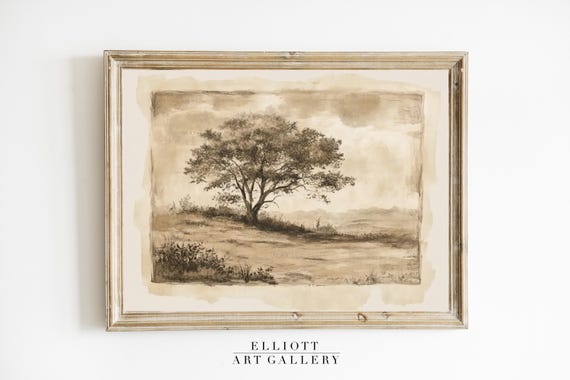 Antique Tree Sketch Moody Vintage Home Decor Neutral Soft Sepia Brown Art Rustic Farmhouse E159