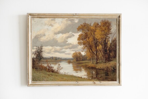 Autumn River Landscape Print with Golden Trees and Moody Cloudy Sky Art