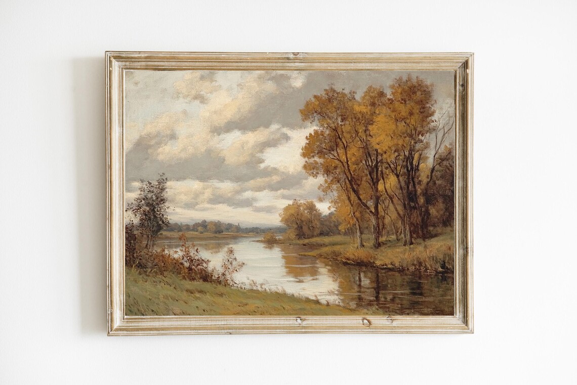 Autumn River Landscape Print with Golden Trees and Moody Cloudy Sky Art