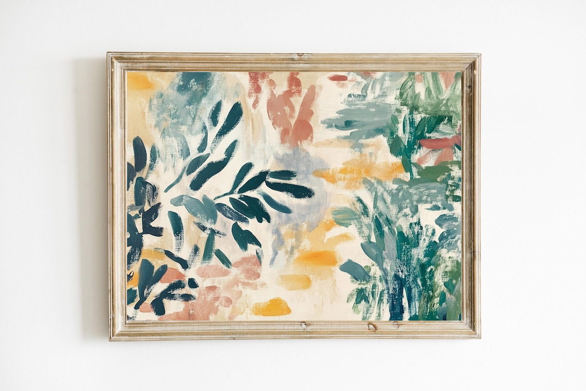 Abstract Spring Botanical Teal Coral Loose Brushstroke Leaves Poster