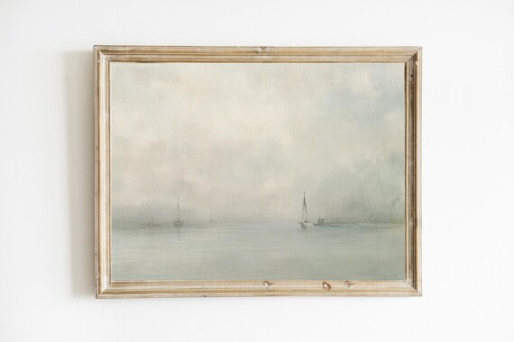 Misty Gray Seascape With Sailboats Vintage Coastal Oil Poster