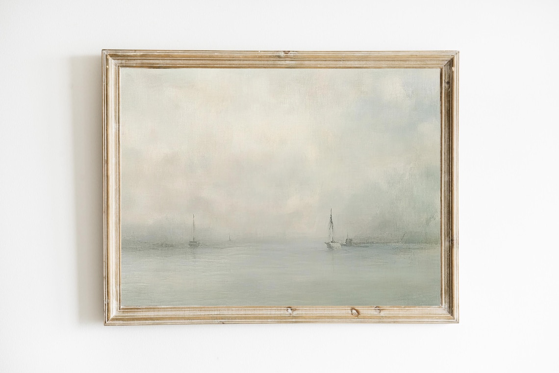 Misty Gray Seascape With Sailboats Vintage Coastal Oil Poster