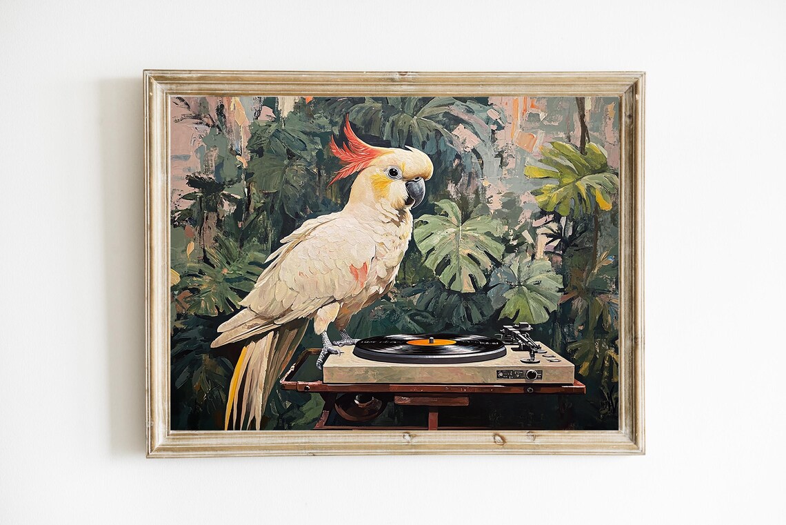 Cockatoo Perched on Vintage Record Player Jungle Leaves Oil Print