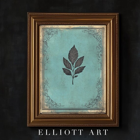 Old English Bookcover Botanical Leaf Teal Vintage Art Poster