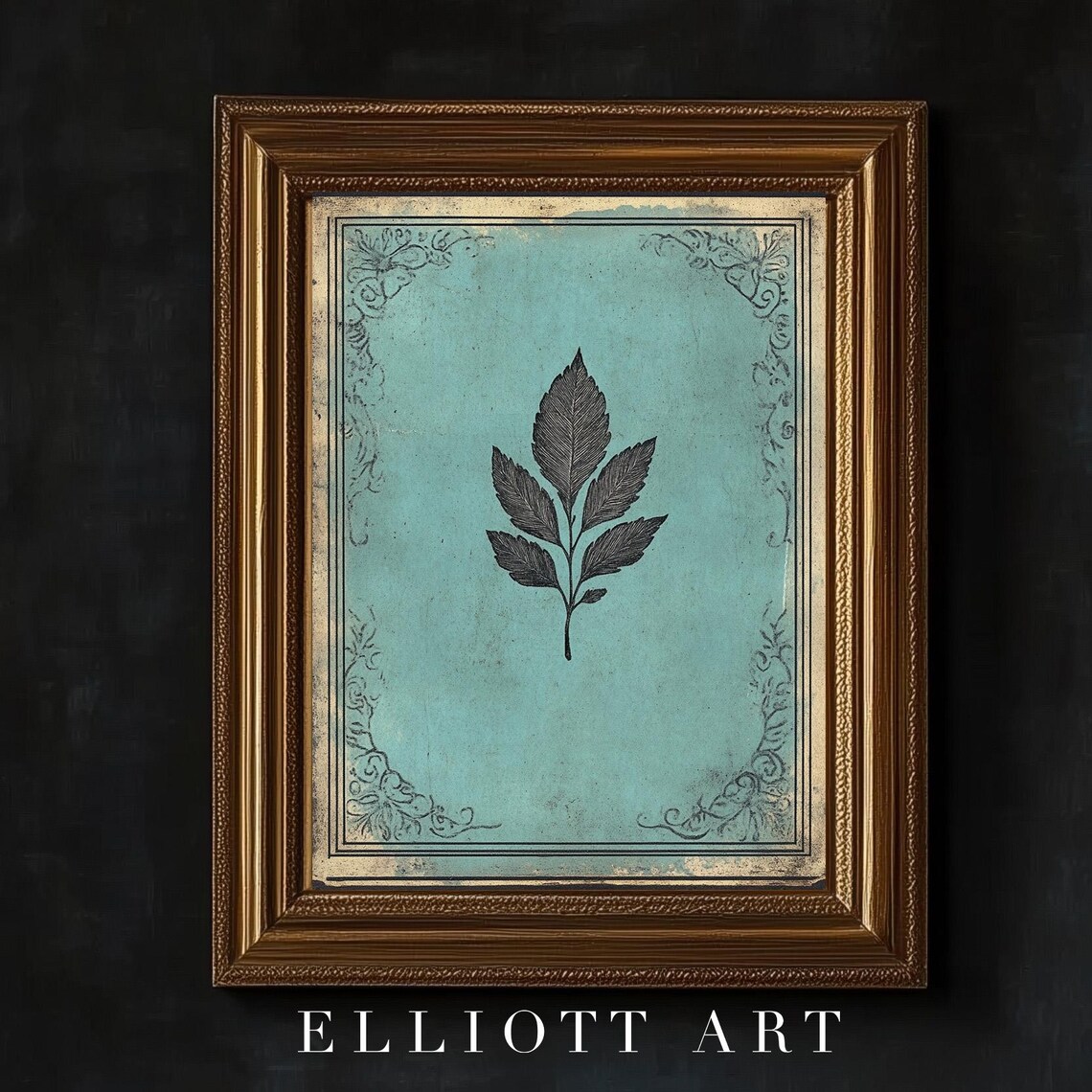 Old English Bookcover Botanical Leaf Teal Vintage Art Poster